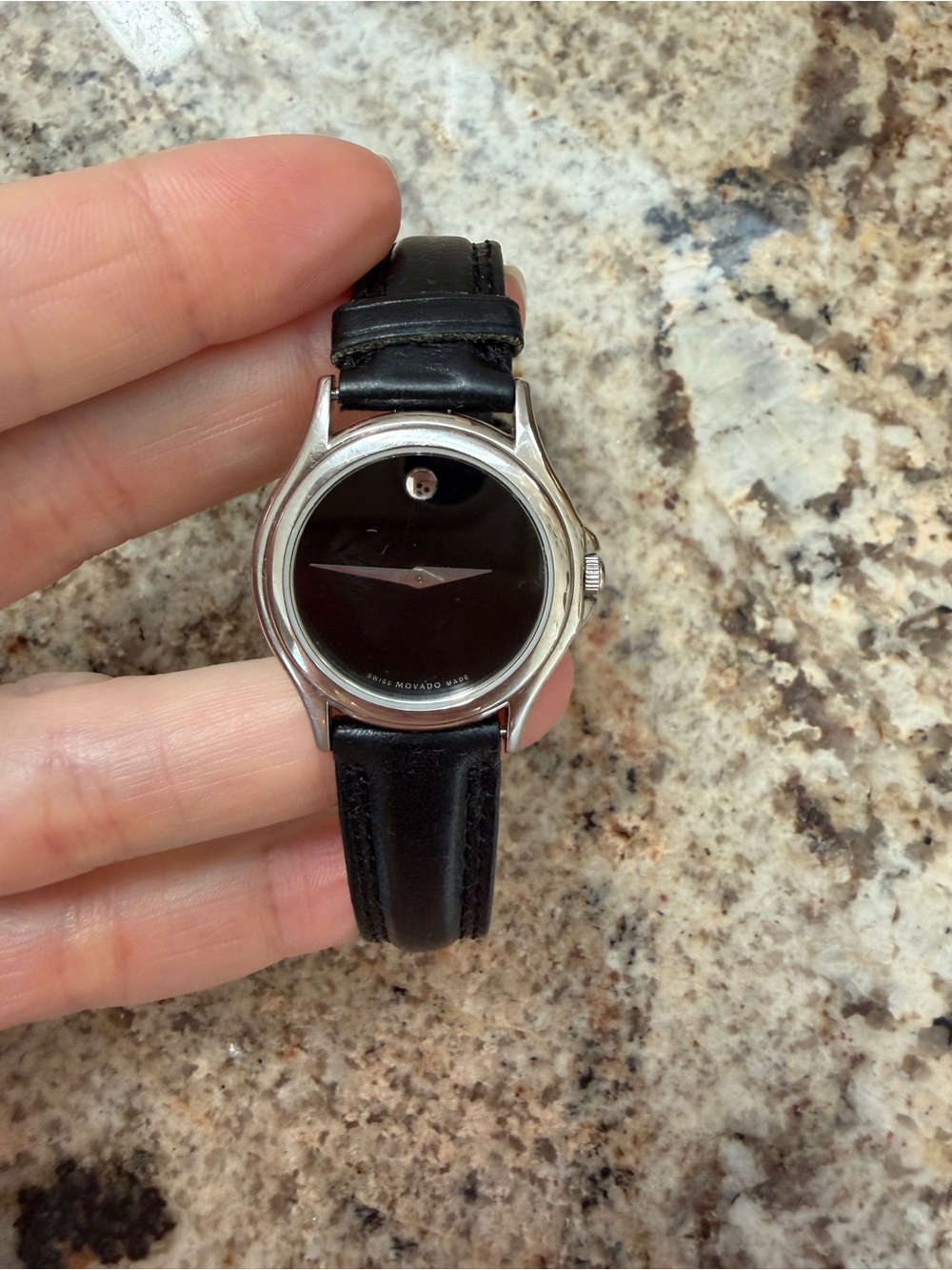 Movado Black Dial Silver Case Leather Strap Watch